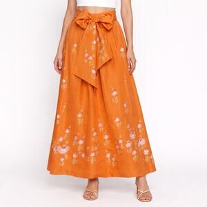1970s Hand-Painted OOAK Peach Floral Maxi Skirt Unbranded XXS 24” waist